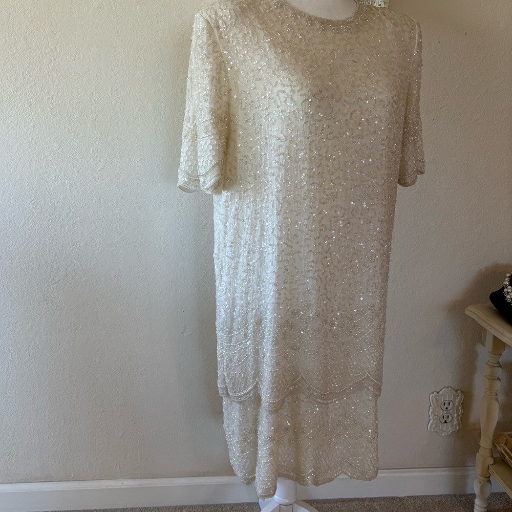 Elegant Cream Sequin Midi Dress Vintage